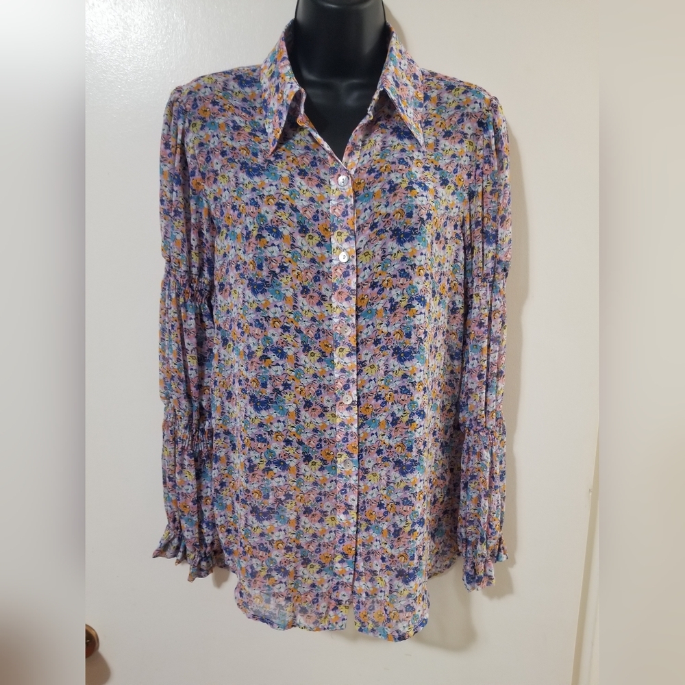 Zara Semi Sheer Floral Blouse Flounce Sleeves Size Small